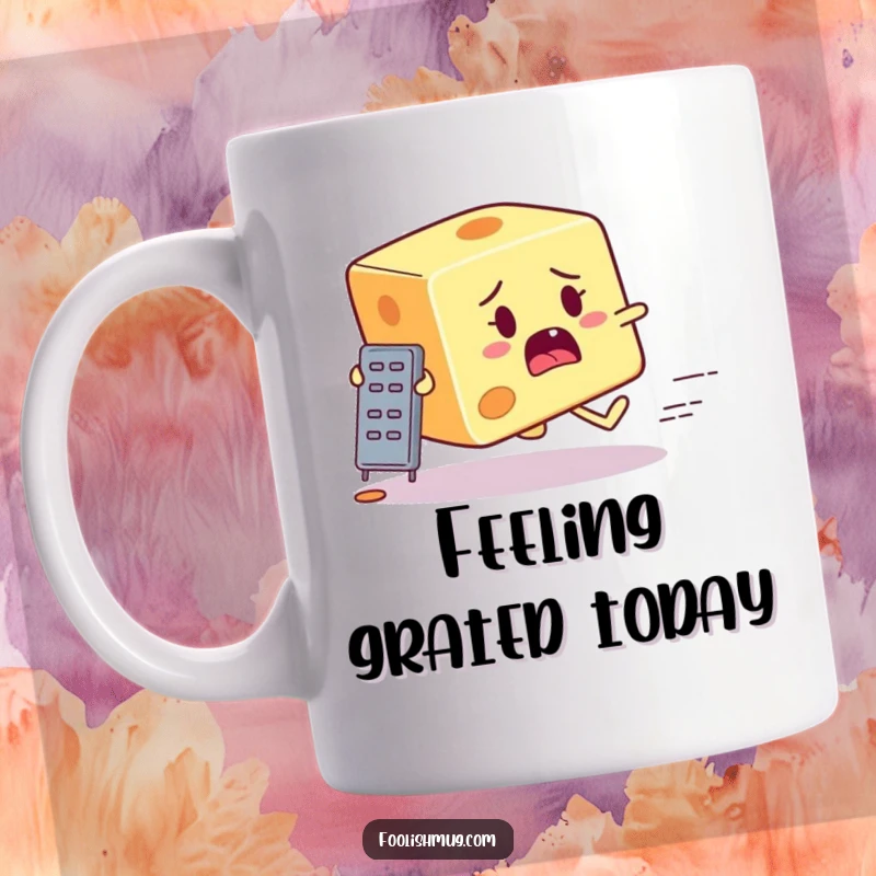 Funny startled cheese block character running from a tiny grater on a mug, depicting a comical chase for food lovers.