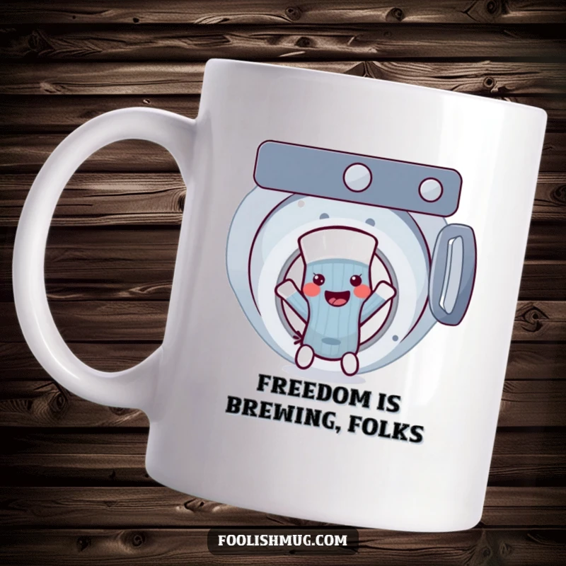 Funny sock character comically escaping a washing machine, designed for maximum laundry day laughs and a great funny gift.