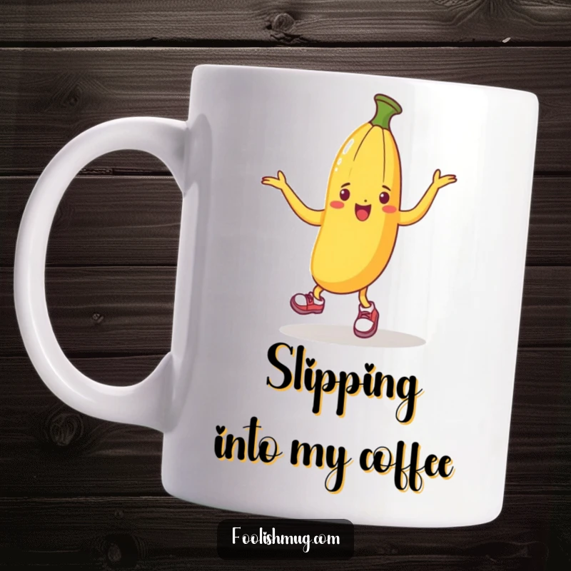 Funny mug featuring a banana peel sporting tiny shoes, attempting a comical dance move, embodying slippery fun and silly joy.
