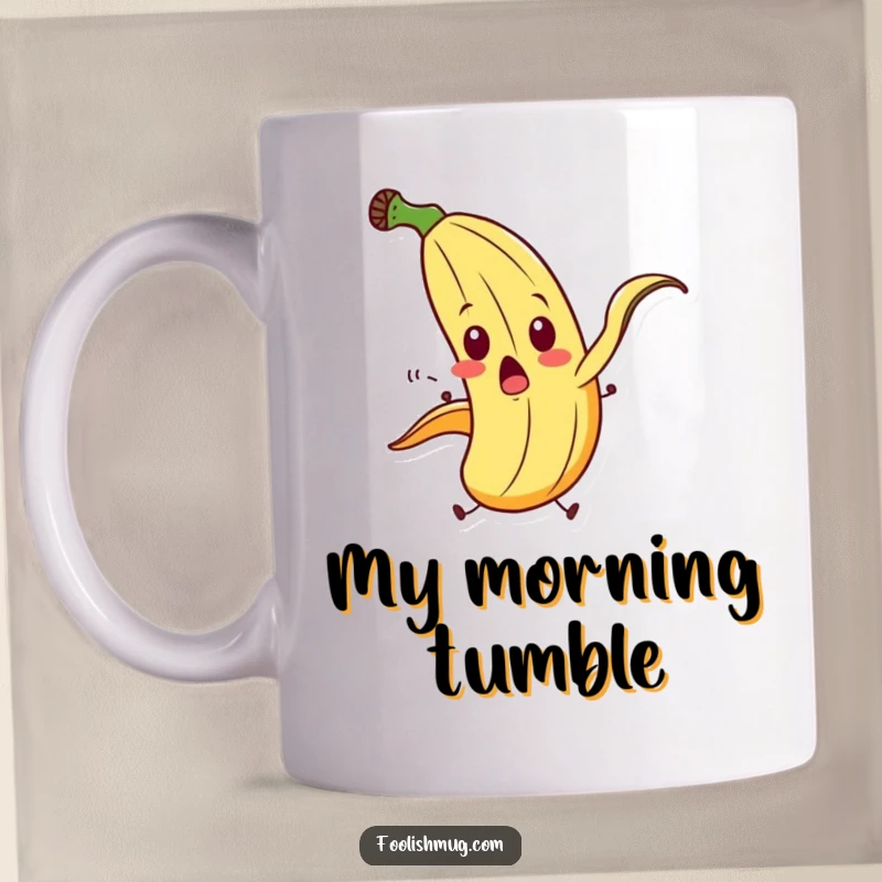 Funny banana peel character in a surprised, exaggerated slip on a mug, depicting slapstick humor for coffee lovers.