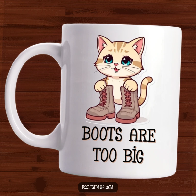 Funny Mug: A determined cat character comically struggling to fit into oversized boots.
