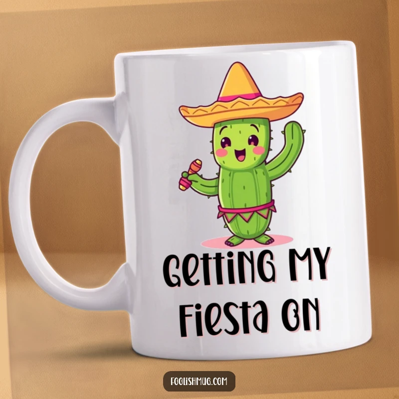 Funny dancing cactus wearing a sombrero and shaking maracas on a ceramic mug, joyful and festive.