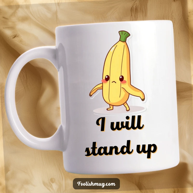 Funny Mug: A determined banana peel character struggling humorously to stand upright. A comical depiction of effort and resilience.