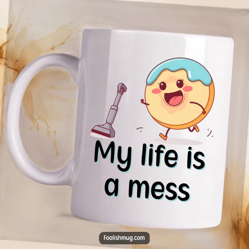 Funny donut character joyfully running from a small, determined vacuum cleaner on a coffee mug, perfect for lovers of quirky humor.