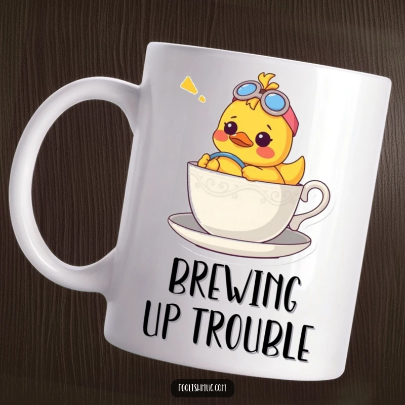 Funny mug with a confused rubber ducky character comically piloting a teacup as if it were a boat.