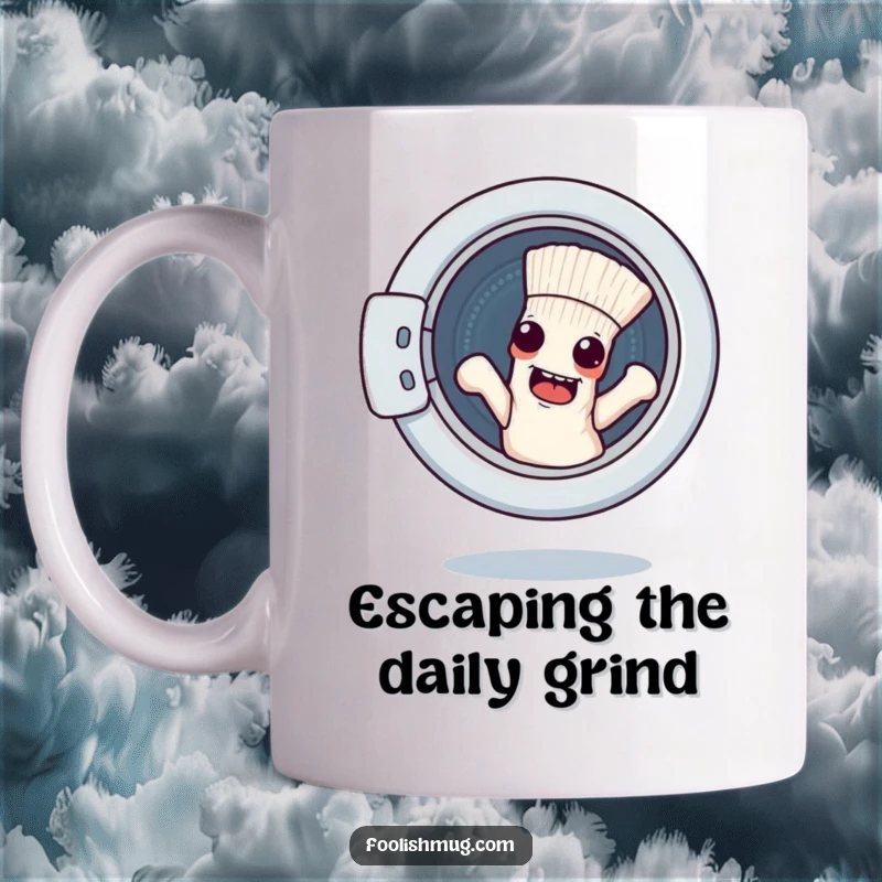 Funny mug with a mischievous sock character plotting an escape from a spinning washing machine, conveying laundry day humor.