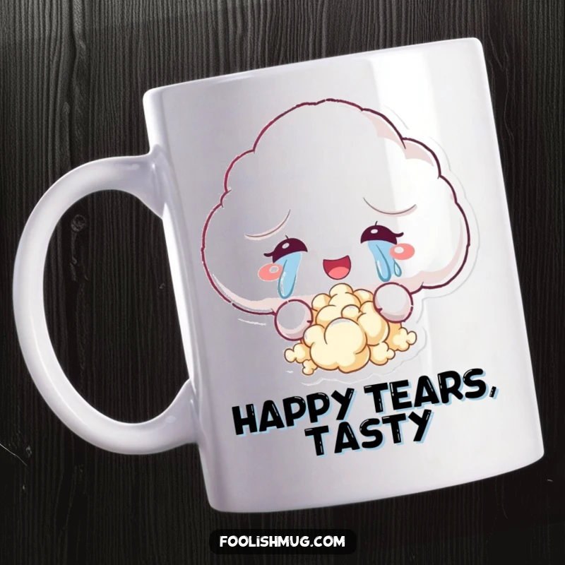 Funny mug depicting a fluffy cloud character shedding tears of joy that transform into pieces of popcorn, evoking happiness and delicious surprise.