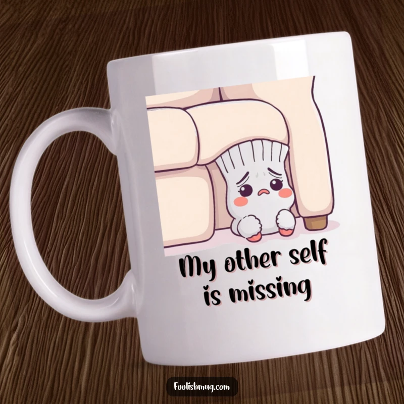 Funny Mug: Flustered sock character peeking sheepishly from under a sofa, looking utterly lost and relatable.