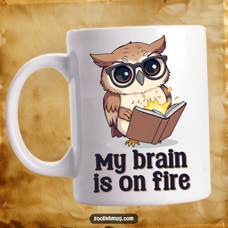 Funny mug with a confused owl wearing spectacles, attempting to read a tiny book that is exploding, a comical sight for gift lovers.