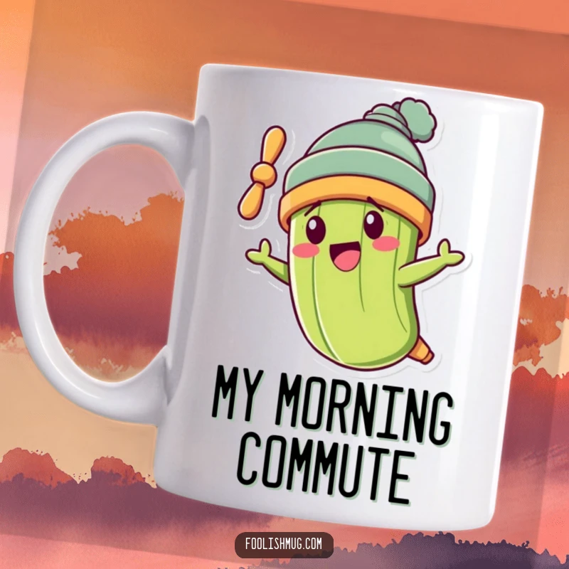 Funny pickle character wearing a propeller beanie, flying crookedly through the air on a mug.