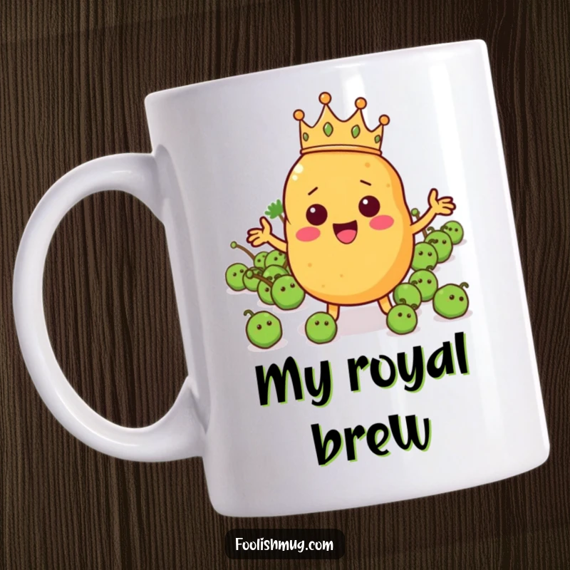 Funny potato character wearing a tiny crown, directing an army of peas on a mug, showing leadership and veggie power.