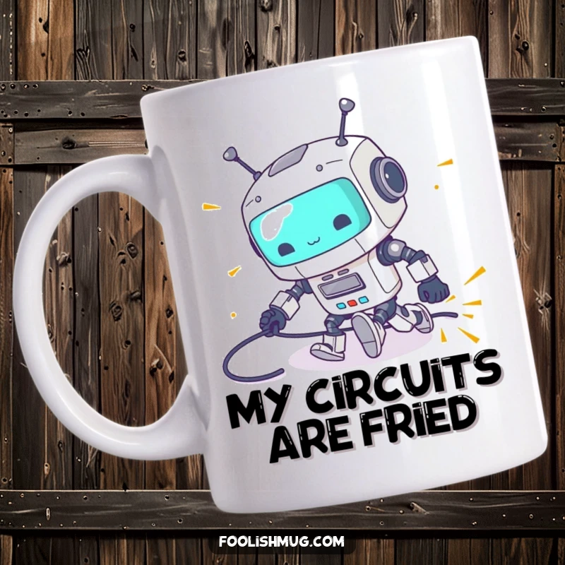 Funny mug of a clumsy robot character tripping over its power cord with sparks flying, a comical tech-themed funny gift.