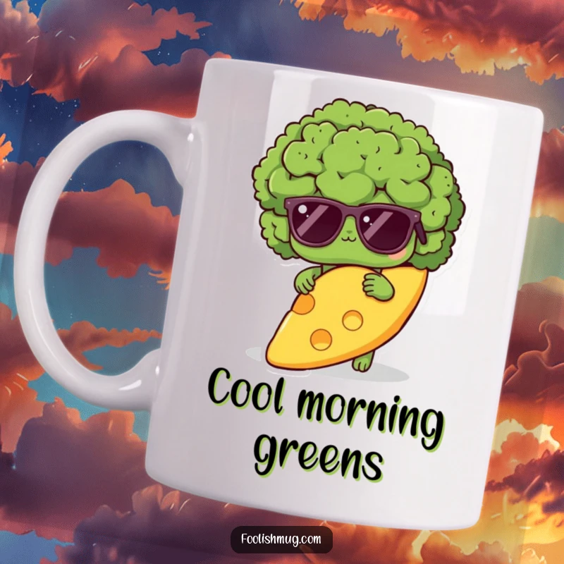 Funny shy broccoli character wearing sunglasses, peeking from behind a giant cheese slice on a mug, a humorous veggie scene.