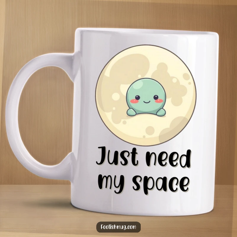 Funny Mug: A shy planet character peeks out from behind a large, smiling moon, embodying cosmic bashfulness.