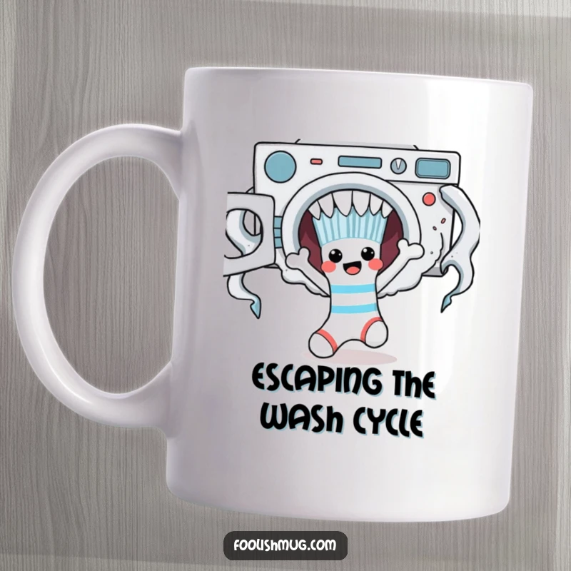 Funny, cheerful sock character comically escaping a menacing laundry monster on a mug. Hilarious.