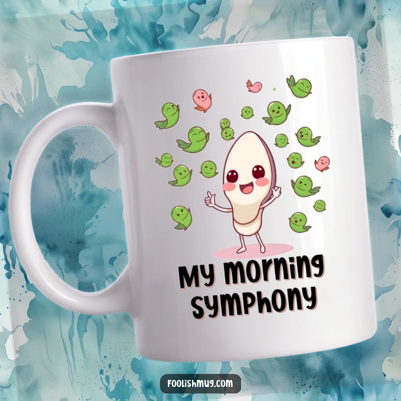 Funny Mug featuring a happy spoon character enthusiastically conducting an orchestra of flying peas, creating culinary music.