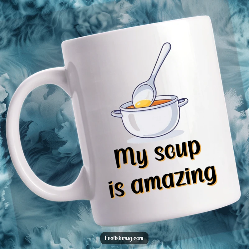 Funny mug featuring a shiny spoon character comically stirring a pot of invisible soup, representing kitchen absurdity and playful effort.