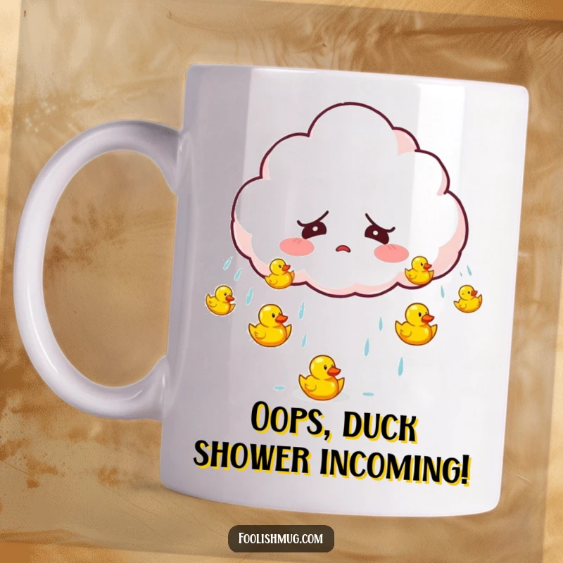 Funny startled cloud character accidentally raining tiny bouncing rubber ducks on a coffee mug, a delightful and humorous gift.