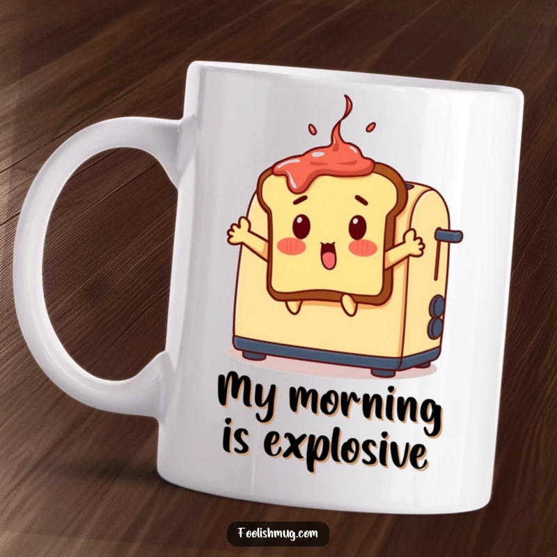 Funny surprised toast slice leaping out of a toaster with jam on its head, comical and funny gift.