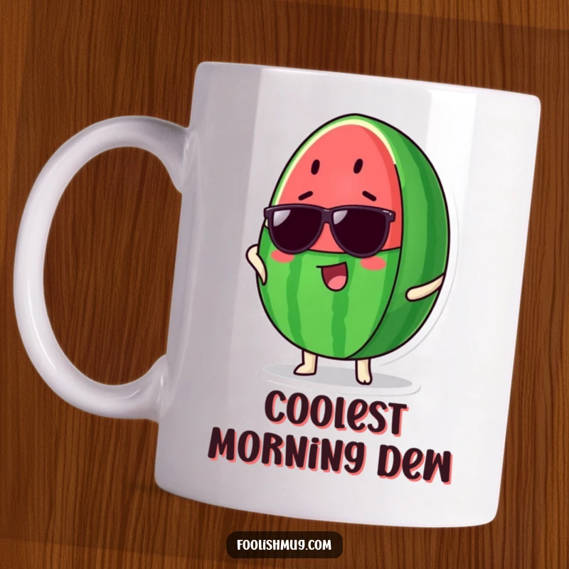 Funny Watermelon Mug: A proud watermelon slice sports cool sunglasses, striking a confident pose.