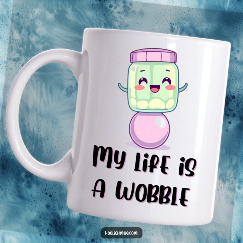 Funny wobbly jelly jar character attempting to balance precariously on a bouncing ball, featured on a mug.