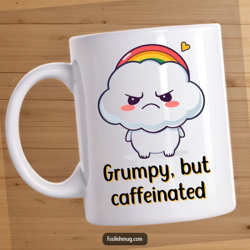 Funny Mug: A grumpy cloud character with a slight smile being tickled by a tiny, happy rainbow.