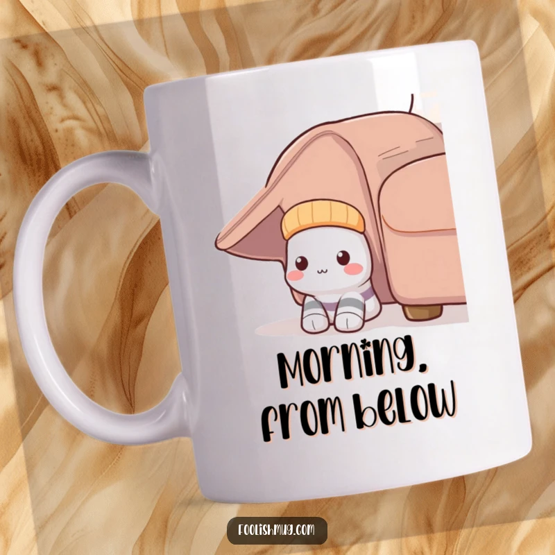 Funny Shy Sock Mug: A timid sock hilariously peeks out from under a couch, embodying shy hiding.