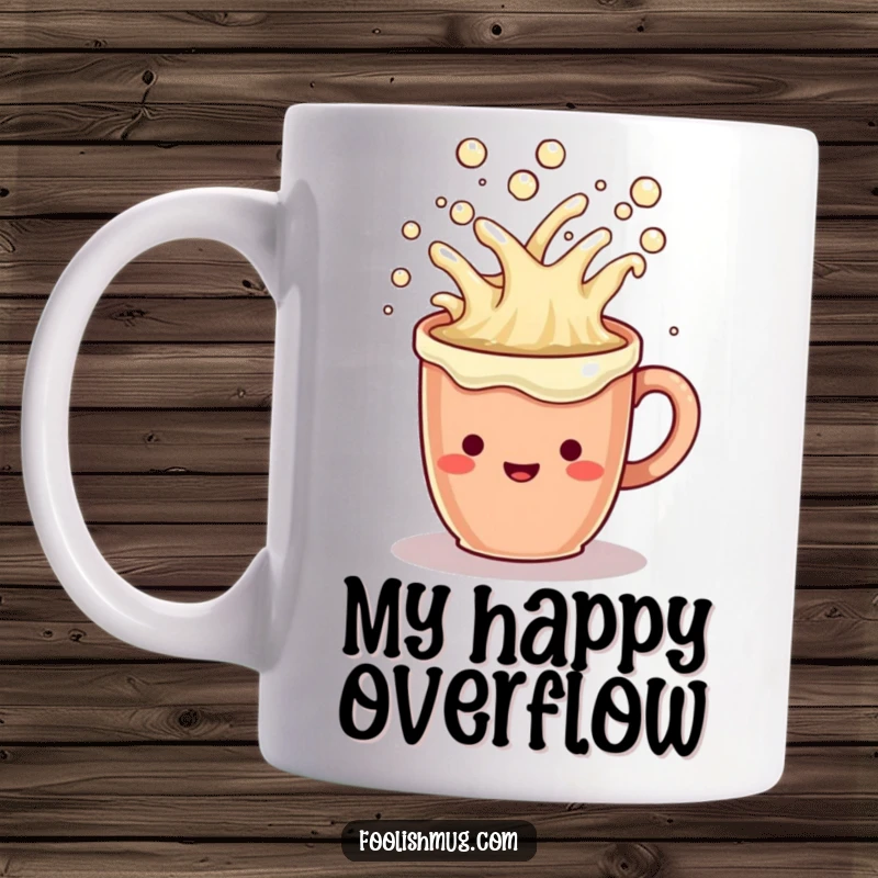 Funny Mug: A cheerful coffee mug character overflowing with bubbly, happy liquid, symbolizing overflowing energy.