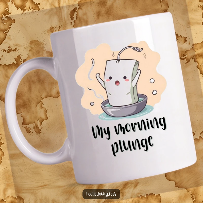 Funny Mug: A dramatic teabag character hilariously unfurling into hot water, expressing maximum surrender. A comedic scene for tea lovers.