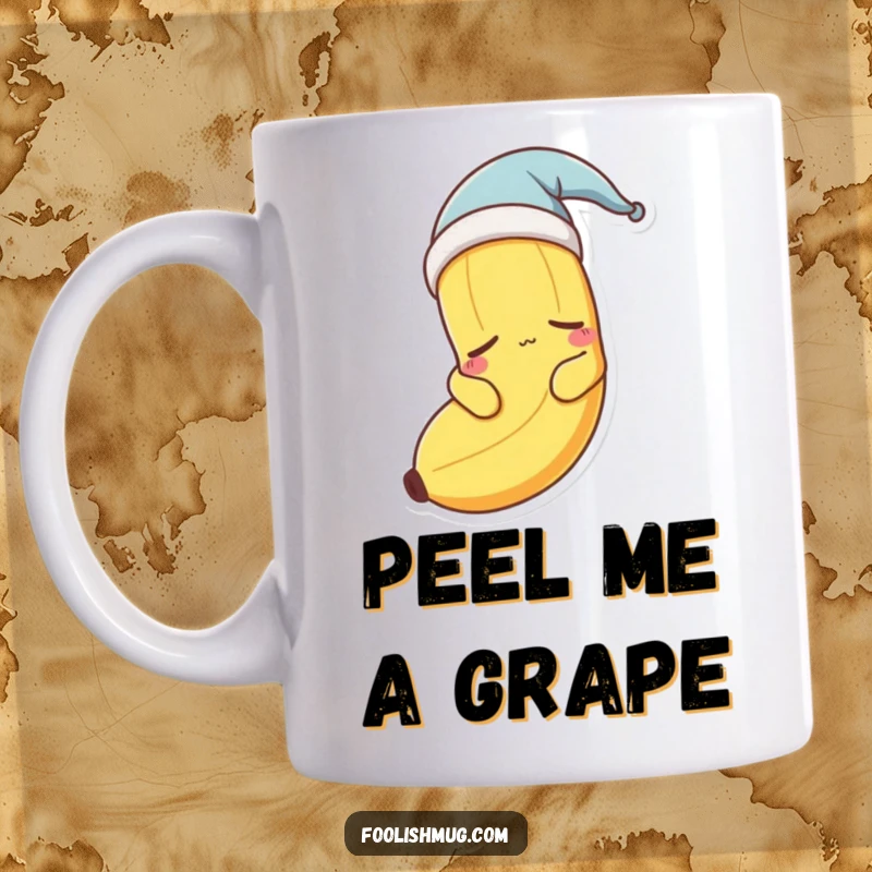 Funny, sleepy banana character wearing a tiny nightcap and looking drowsy on a mug. Adorable.