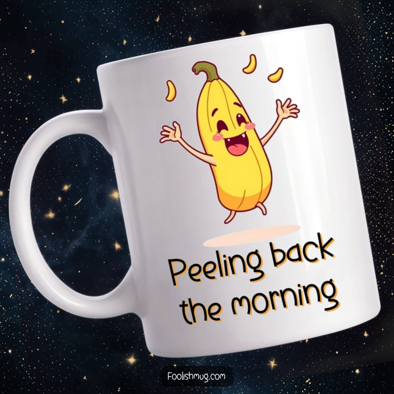 Funny juggling banana peel character comically slipping on itself with exaggerated motion on a mug, a hilarious present.