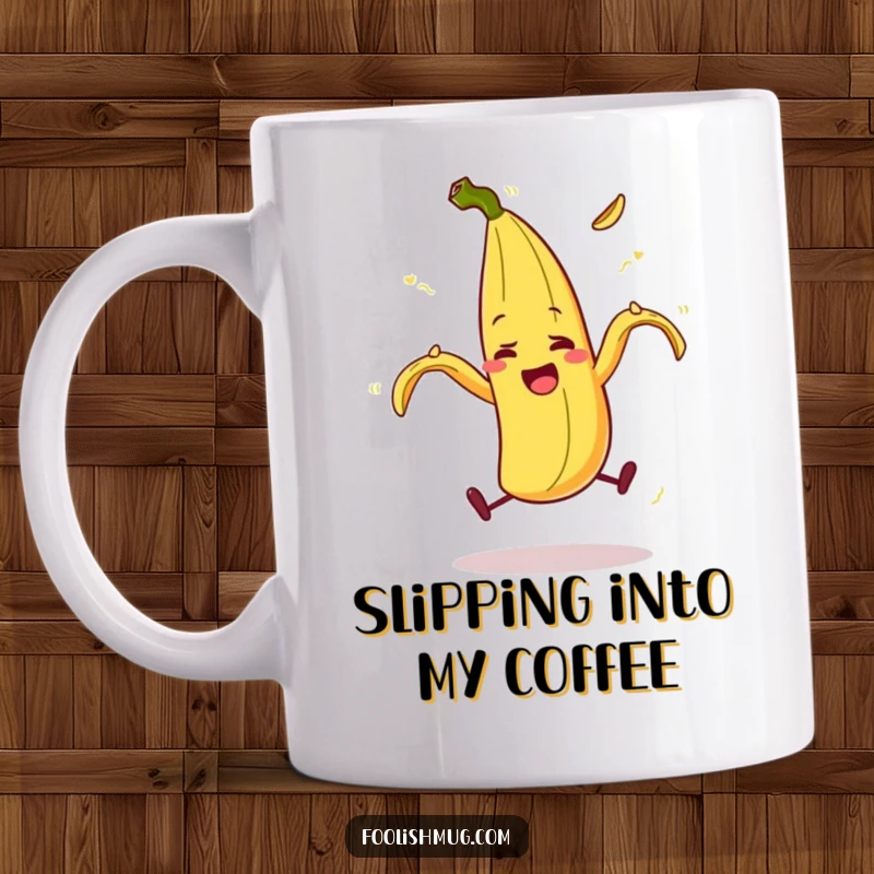 Funny juggling banana peel character comically slipping on itself with exaggerated motion, a hilarious mug, a perfect funny gift.