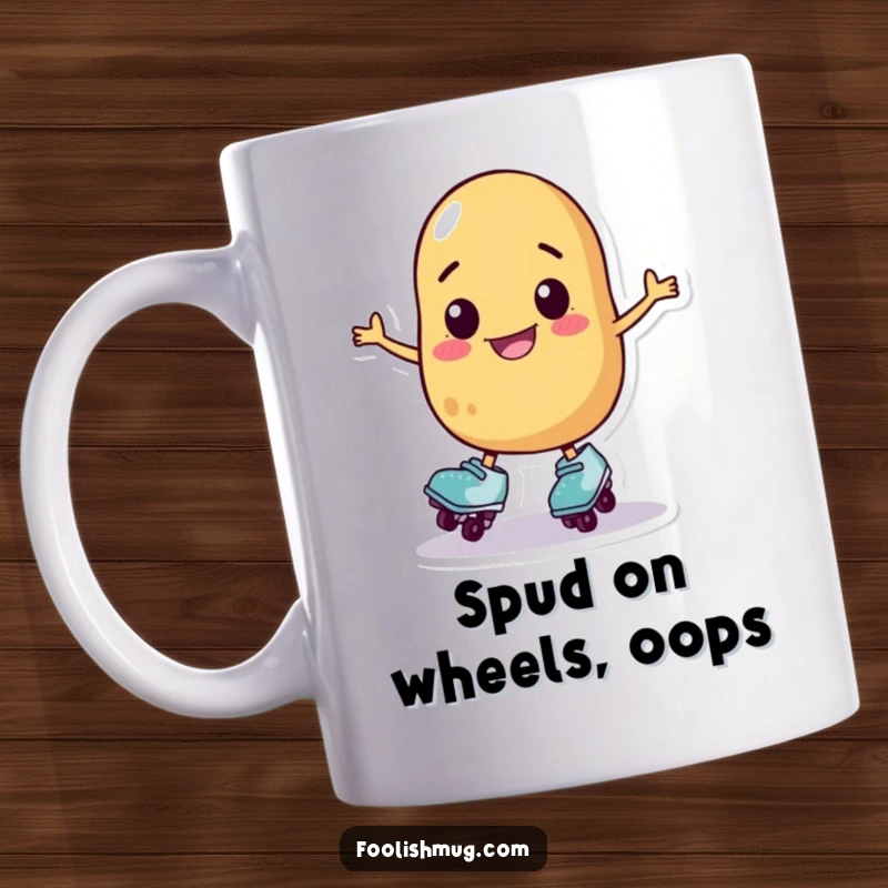 Funny potato character on roller skates wobbling hilariously, perfect for a funny gift mug for clumsy enthusiasts.
