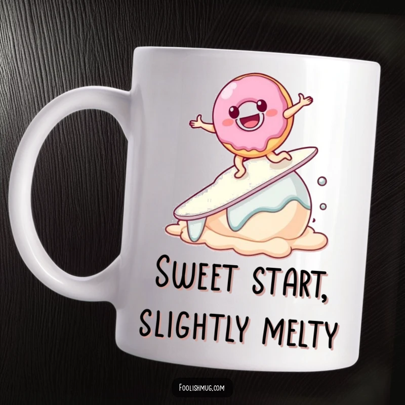 Funny Donut Mug, a smiling cartoon donut character hilariously attempting to surf on a melting scoop of ice cream.