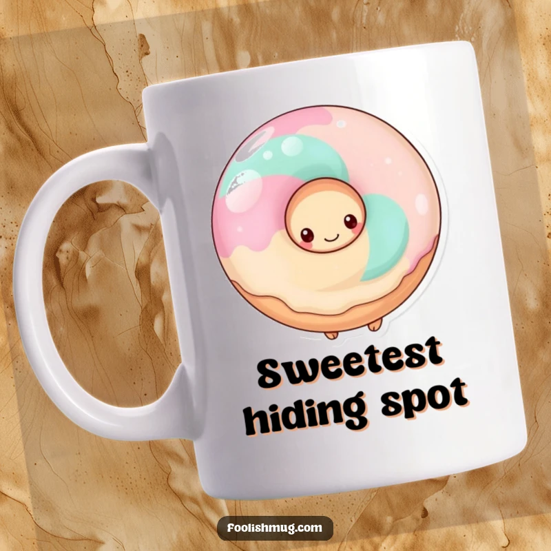 Funny shy donut hiding behind a giant lollipop on a mug, conveying sweetness and bashfulness.