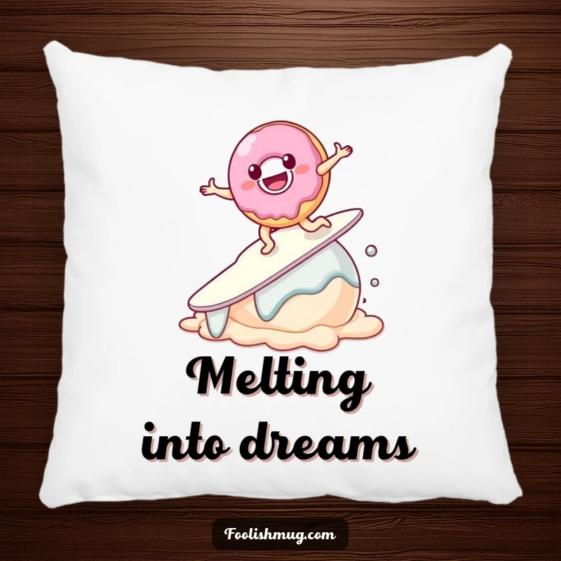 Funny Donut Pillow, a soft cushion featuring a smiling donut character attempting to surf on a melting scoop of ice cream.