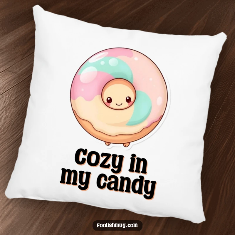 Funny shy donut hiding behind a giant lollipop, on a soft pillow, bringing cute comfort.