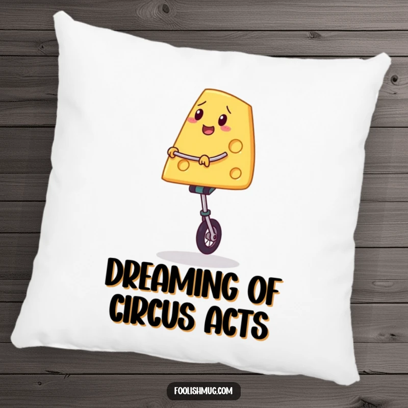 Funny pillow featuring a slice of cheese bravely balancing on a unicycle, adding a touch of playful charm to any seating area.