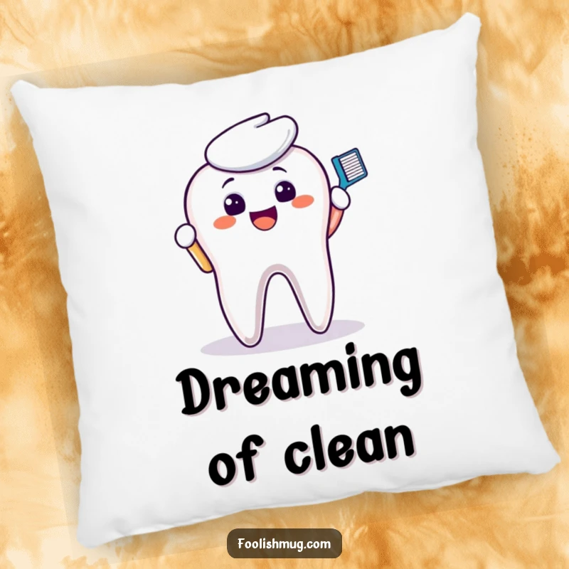 Funny Pillow: A plush pillow showing a smiling toothbrush character cleaning a molar, offering cozy dental vibes.