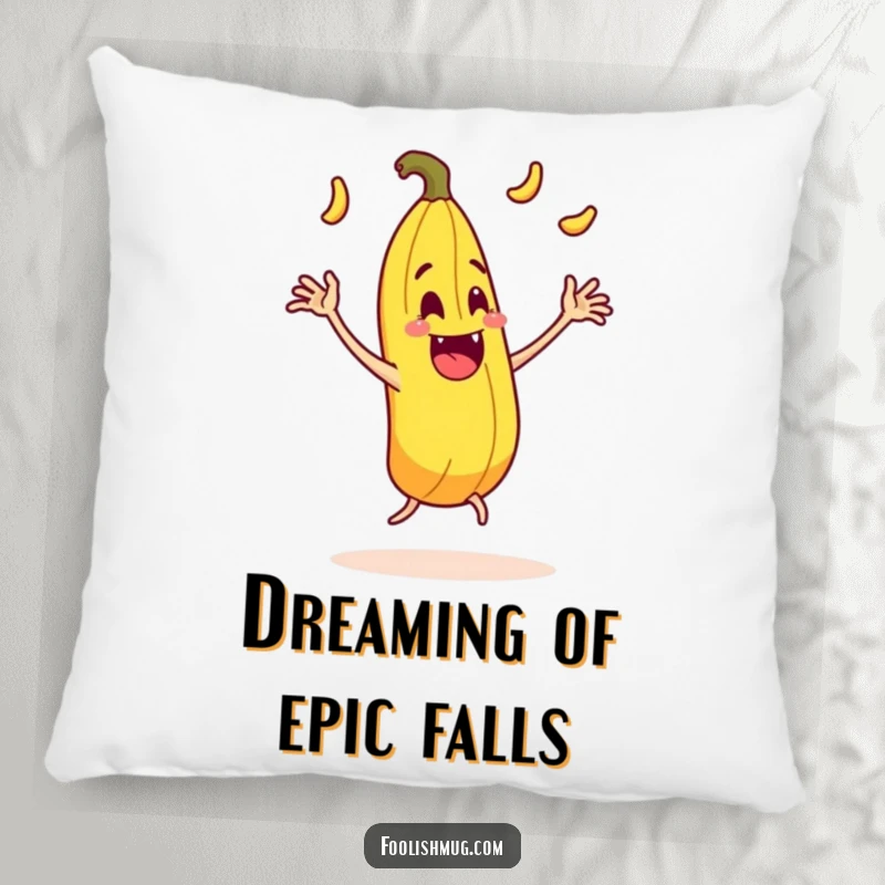Funny juggling banana peel character comically slipping on itself with exaggerated motion on a pillow, soft and humorous decor.