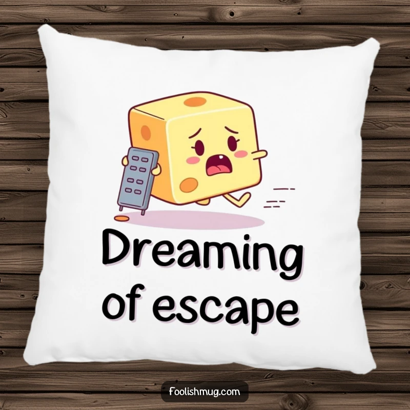 Funny startled cheese block character running from a tiny grater on a pillow, offering soft comfort and food-related humor.