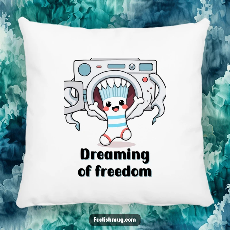Funny sock character fleeing from a large laundry monster, depicted on a soft, decorative pillow.