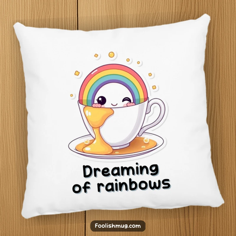 Funny rainbow teacup pillow, depicting a teacup overflowing with a cheerful rainbow, offering comfort and a splash of whimsical color.