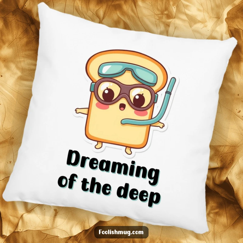 Funny bread loaf character wearing tiny goggles and snorkel, looking surprised on a comfy pillow, adding humor to relaxation.
