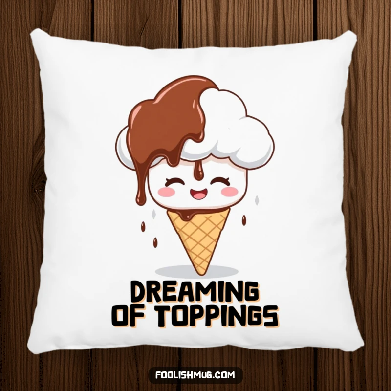 Funny pillow depicting a giggling cloud character raining chocolate syrup on a confused ice cream cone, providing comfort and dessert humor as a funny gift.