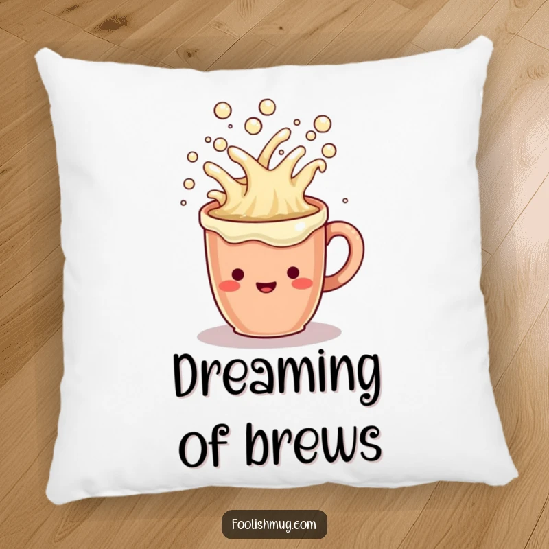 Funny Pillow: A cheerful coffee mug character overflowing with bubbly liquid, perfect for cozy moments.