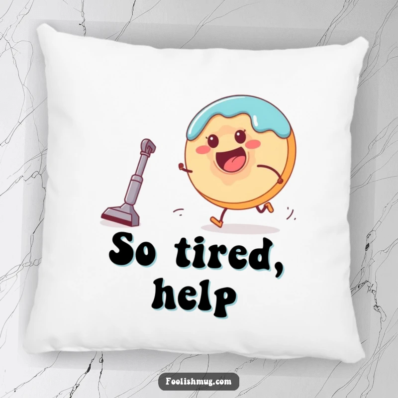 Funny donut character running from a small vacuum cleaner on a pillow, providing soft comfort and humorous decor for any space.