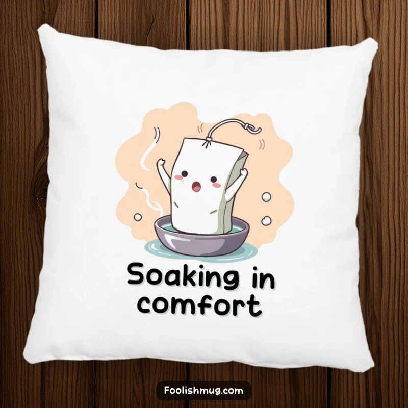 Funny Pillow: A dramatic teabag character in a theatrical splash as it unfurls into hot water. Soft, humorous home decor.