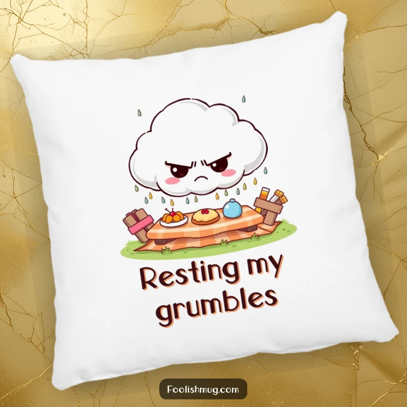 Funny grumpy cloud pillow, raining tiny frowns on a sunny picnic, soft and funny gift.