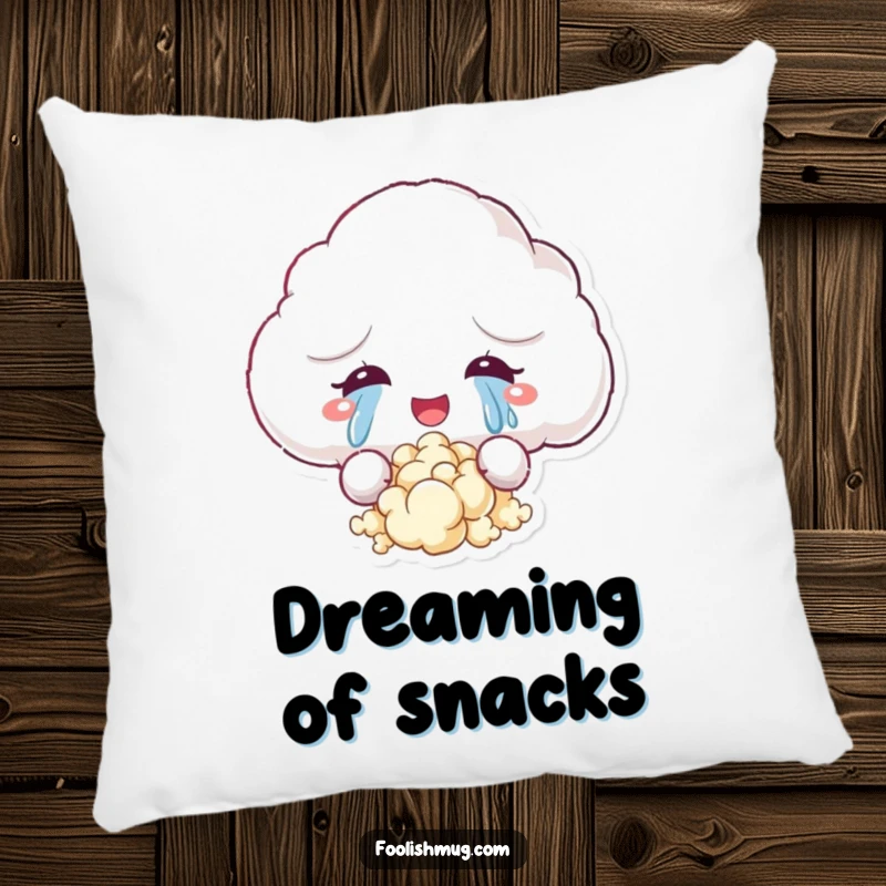 Funny decorative pillow with a fluffy cloud character crying tears of joy that turn into popcorn, adding a touch of whimsical humor to any seating area.